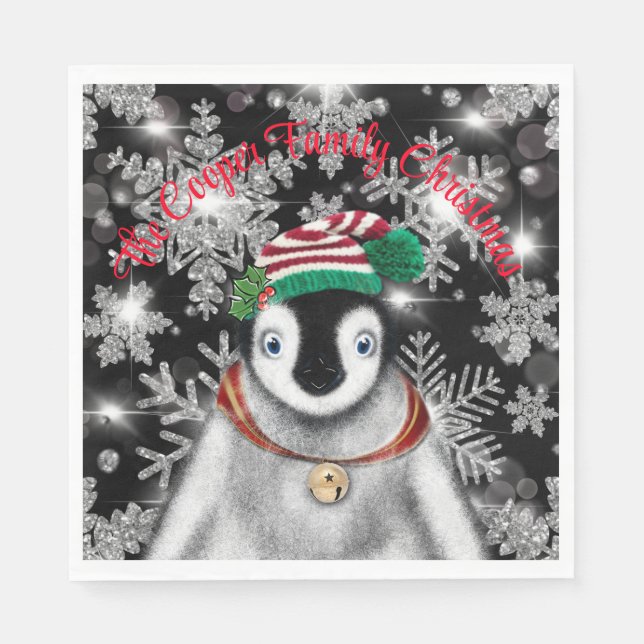 Cute festive holiday Penguin glitter snowflakes  Napkin (Front)