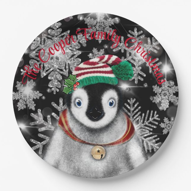 Cute festive holiday Penguin glitter snowflakes  Paper Plate (Front)