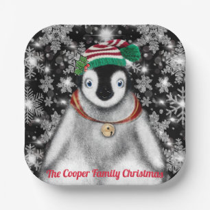 Cute festive holiday Penguin glitter snowflakes  Paper Plate