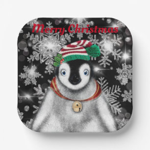 Cute festive holiday Penguin glitter snowflakes  Paper Plate