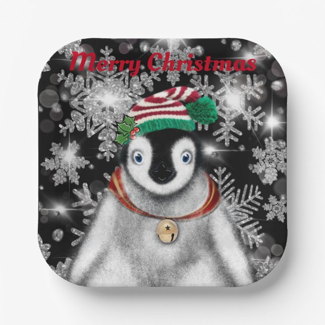 Cute festive holiday Penguin glitter snowflakes  Paper Plate (Front)