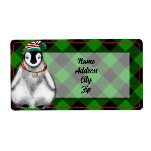 Cute festive holiday Penguin green black plaid 