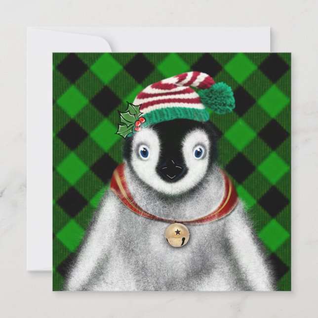 Cute festive holiday Penguin green black plaid  Invitation (Front)