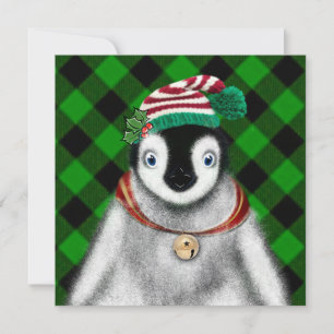 Cute festive holiday Penguin green black plaid  Invitation