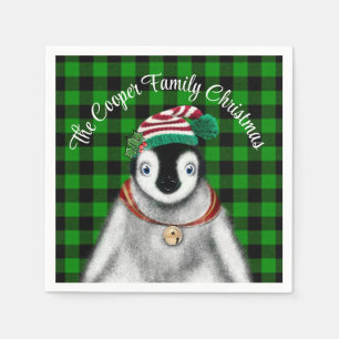 Cute festive holiday Penguin green black plaid  Napkin