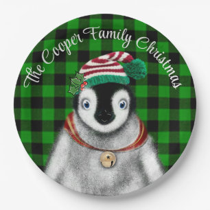Cute festive holiday Penguin green black plaid  Paper Plate