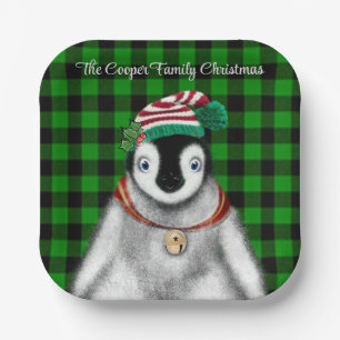 Cute festive holiday Penguin green black plaid  Paper Plate