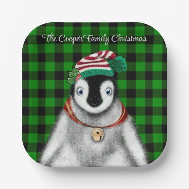 Cute festive holiday Penguin green black plaid  Paper Plate (Front)
