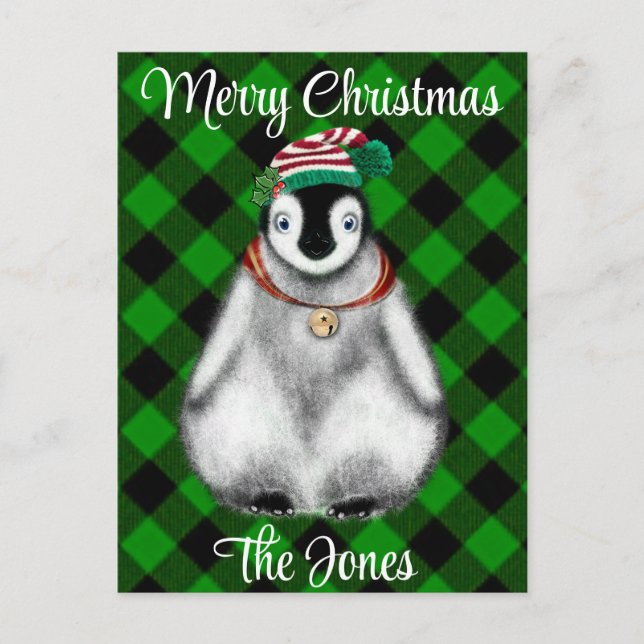 Cute festive holiday Penguin green black plaid  Postcard (Front)