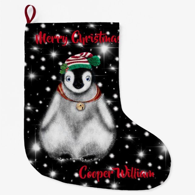 Cute festive holiday Penguin  Large Christmas Stocking (Front)