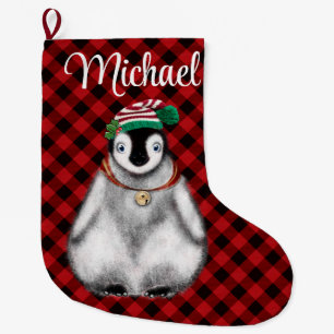 Cute festive holiday Penguin red black plaid  Large Christmas Stocking