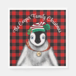 Cute festive holiday Penguin red black plaid Napkin