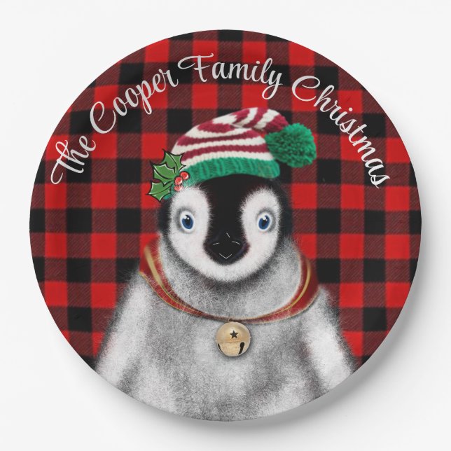 Cute festive holiday Penguin red black plaid  Paper Plate (Front)