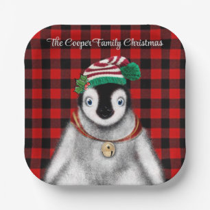 Cute festive holiday Penguin red black plaid  Paper Plate