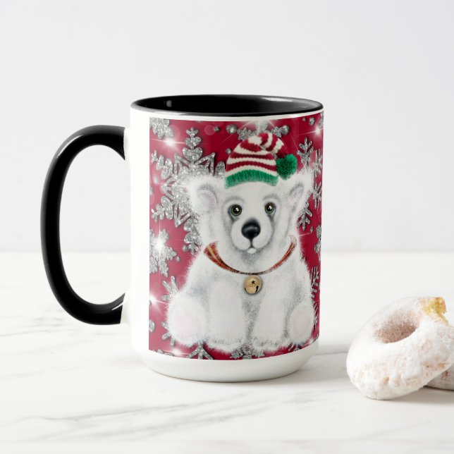 Cute festive holiday Polar bear glitter snowflake Mug (With Donut)
