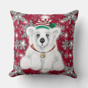 Cute festive holiday Polar bear glitter snowflakes Cushion
