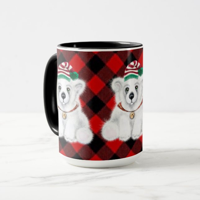 Cute festive holiday Polar bear red plaid Mug (Front Left)