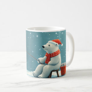 Cute festive illustration of a polar bear fishing coffee mug