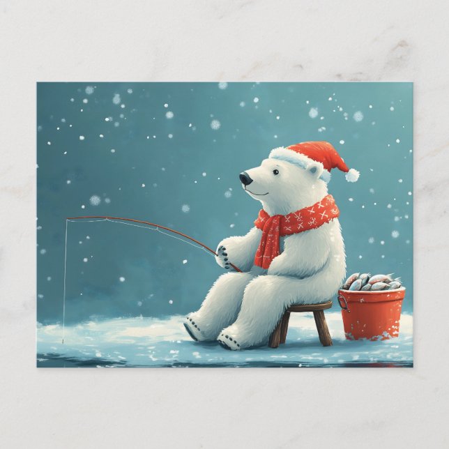 Cute festive illustration of a polar bear fishing holiday postcard (Front)