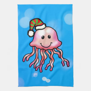 Cute Festive Jellyfish Cartoon Tea Towel