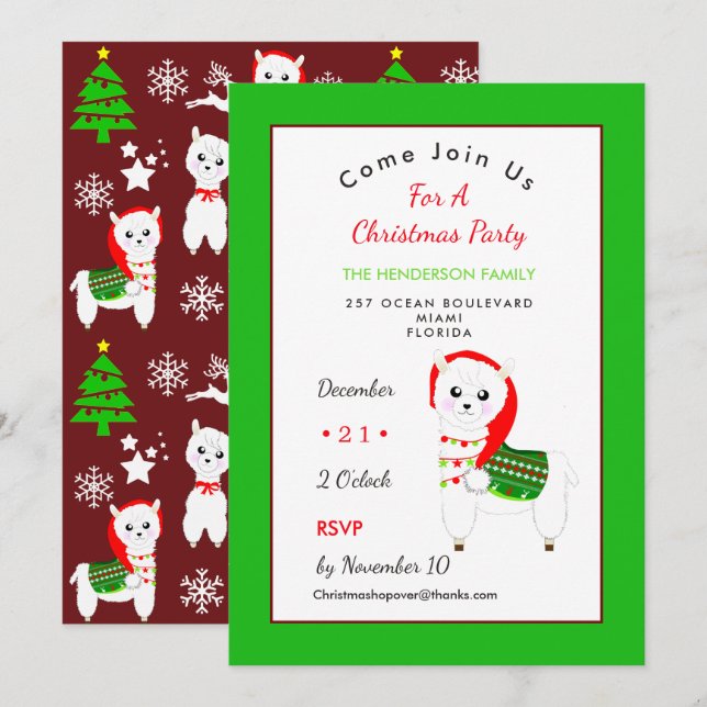 Cute Festive Llama Christmas Party Celebration Invitation (Front/Back)