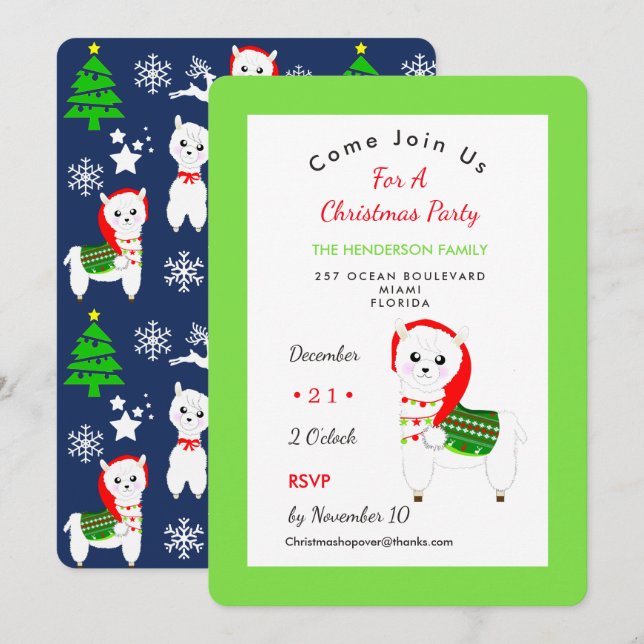 Cute Festive Llama Christmas Party Celebration Invitation (Front/Back)
