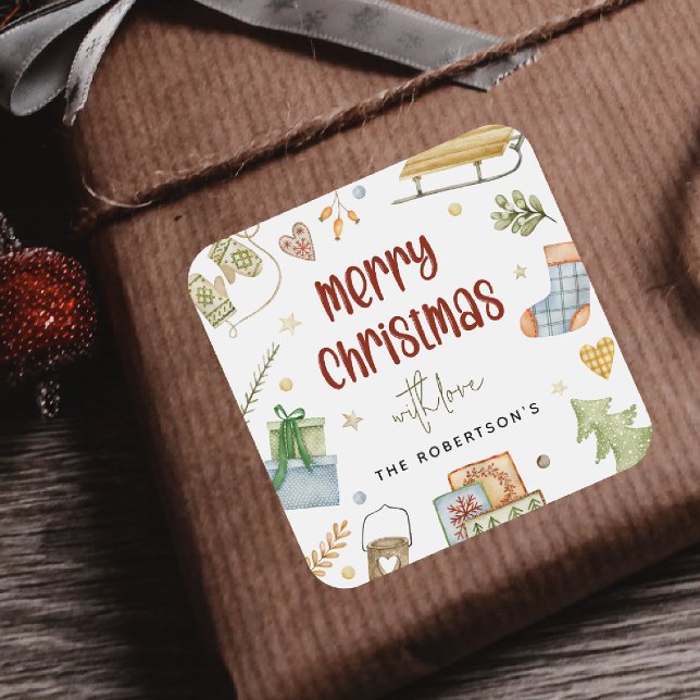 Cute Festive Merry Christmas Gift Square Sticker (Creator Uploaded)