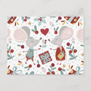 Cute Festive Mice Couple Holidays Pattern Postcard