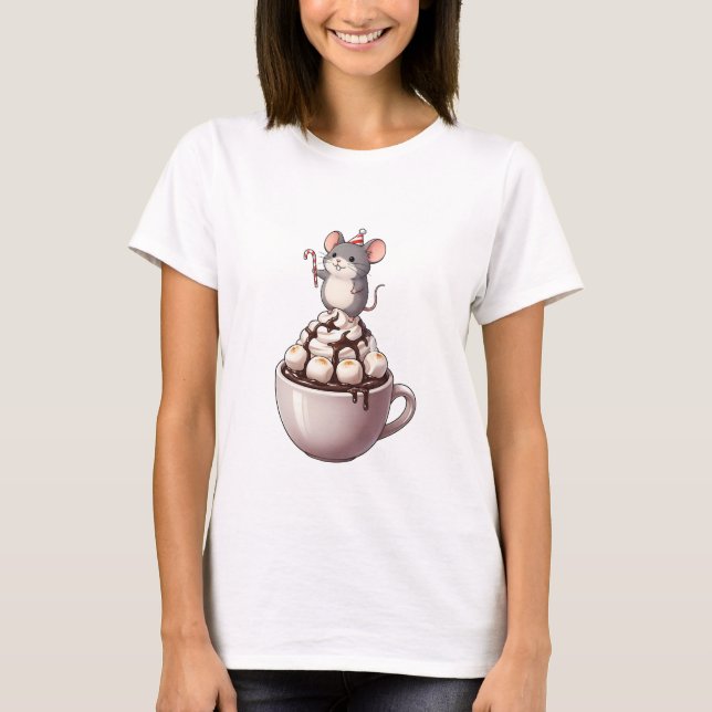 Cute Festive Mouse Standing on Hot Chocolate T-Shirt (Front)