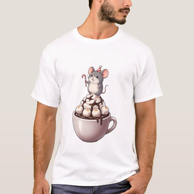 Cute Festive Mouse Standing on Hot Chocolate T-Shirt (Front)
