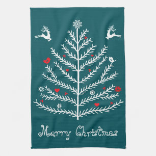 Cute Festive Nordic Teal Christmas Tree Deer Tea Towel