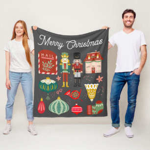 Cute festive Nutcracker pattern Christmas Red Grey Fleece Blanket