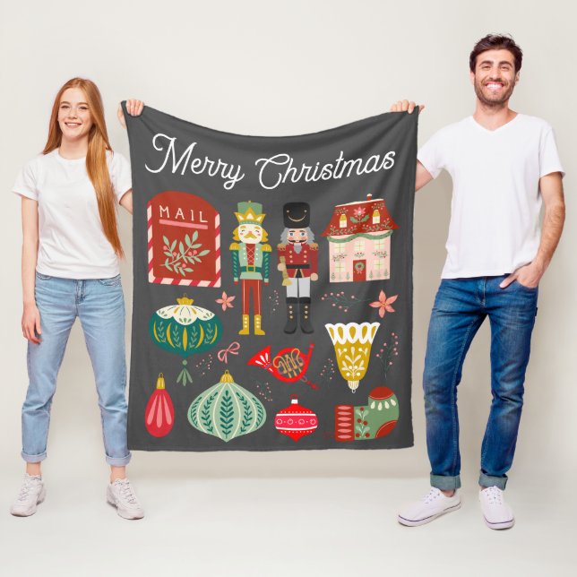 Cute festive Nutcracker pattern Christmas Red Grey Fleece Blanket (In Situ)