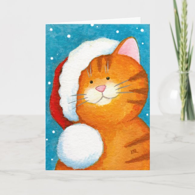 Cute Festive Orange Tabby Cat Christmas Card (Front)