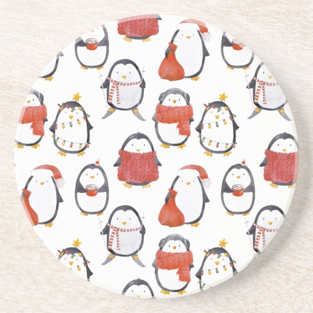Cute Festive Penguins Pattern Christmas Coaster (Front)