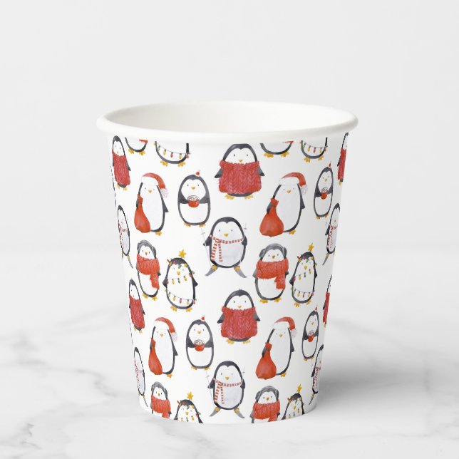 Cute Festive Penguins Pattern Christmas Party Paper Cups (Front)