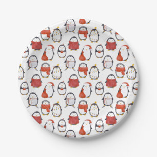 Cute Festive Penguins Pattern Christmas Party Paper Plate
