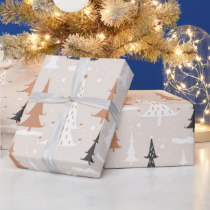 Cute Festive Pink Boho Brown Christmas Trees Wrapping Paper