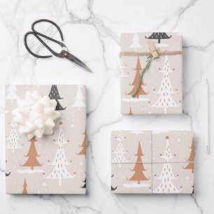 Cute Festive Pink Boho Brown Christmas Trees Wrapping Paper Sheet