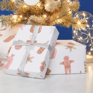 Cute Festive Pink Christmas Gingerbread Snowflakes Wrapping Paper