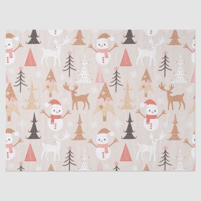 Cute Festive Pink Christmas Tree Snowman Reindeer Tissue Paper (Front)