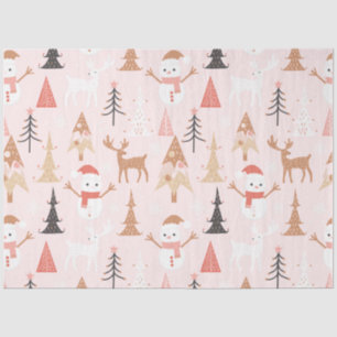Cute Festive Pink Christmas Tree Snowman Reindeer Tissue Paper