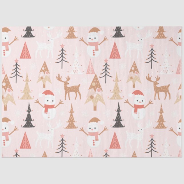 Cute Festive Pink Christmas Tree Snowman Reindeer Tissue Paper (Front)