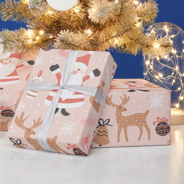 Cute Festive Pink Christmas Tree Snowman Reindeer Wrapping Paper (Holidays)