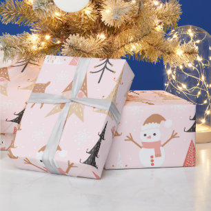 Cute Festive Pink Christmas Tree Snowman Reindeer Wrapping Paper