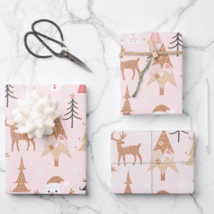 Cute Festive Pink Christmas Tree Snowman Reindeer Wrapping Paper Sheet
