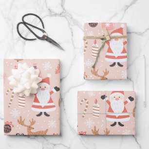 Cute Festive Pink Christmas Tree Snowman Reindeer Wrapping Paper Sheet