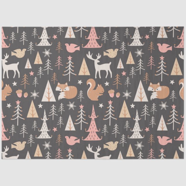 Cute Festive Pink Christmas Tree Squirrel Reindeer Tissue Paper (Front)