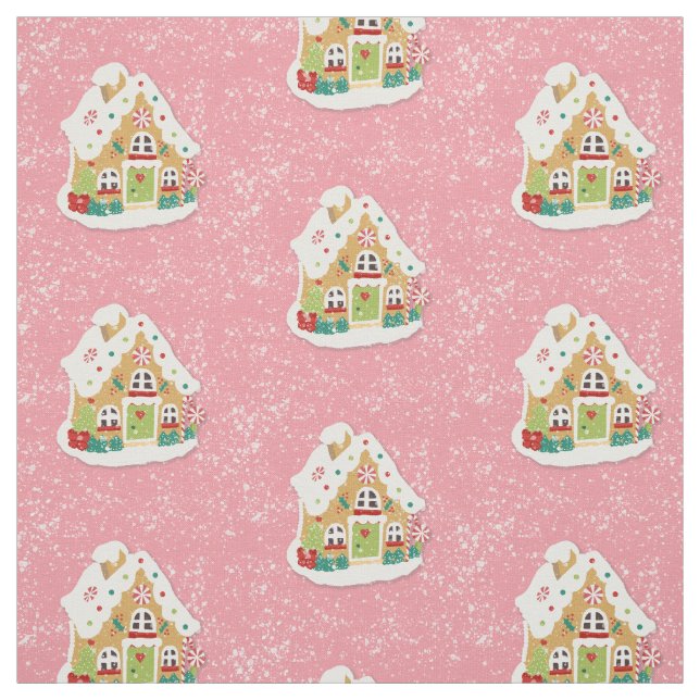 Cute Festive  Pink Snowy Gingerbread House Pattern Fabric (Swatch)