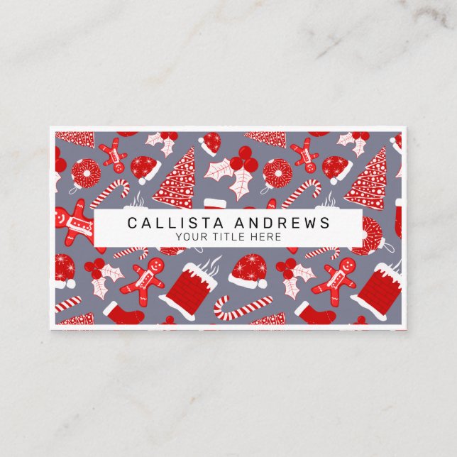 Cute Festive Red Illustrations Christmas Pattern Business Card (Front)